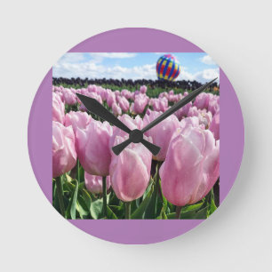 Pink Tulip Field with Hot Air Balloon, Oregon Round Clock
