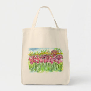 Pink Tulip Fields Watercolor Tote Bag