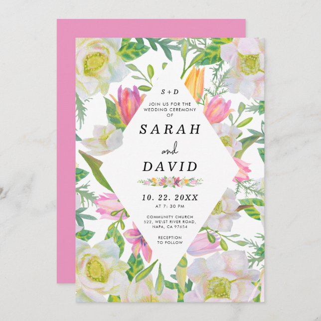 Pink Tulip Floral Geometric Frame Wedding Invite (Front/Back)