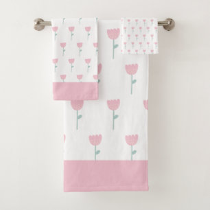 Pink Tulip Floral Minimalistic Simple Girly Cute Bath Towel Set