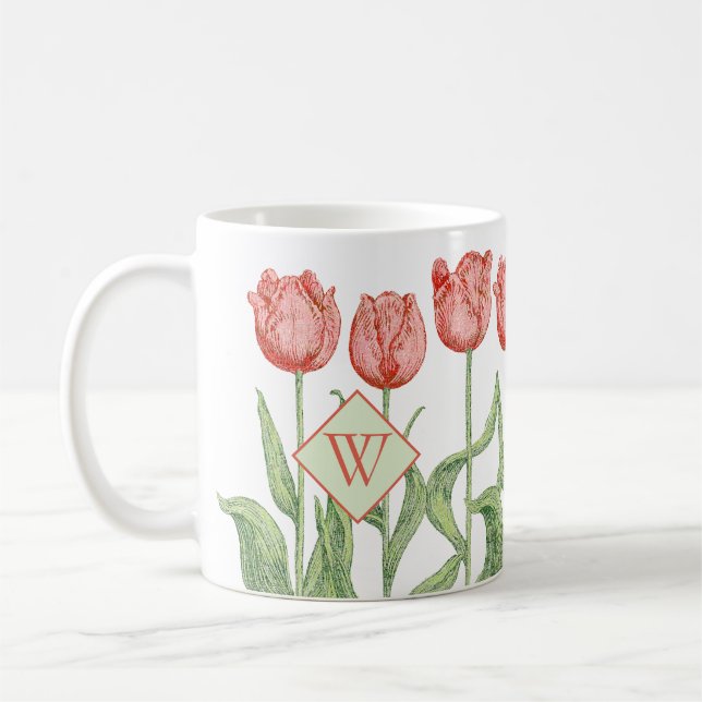 Pink Tulip Floral Monogrammed Initial Coffee Mug (Left)