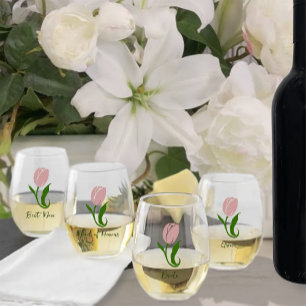 Pink Tulip Floral Stemless Wine Glass