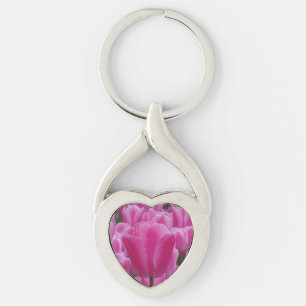 Pink Tulip Flower Heart Keychain