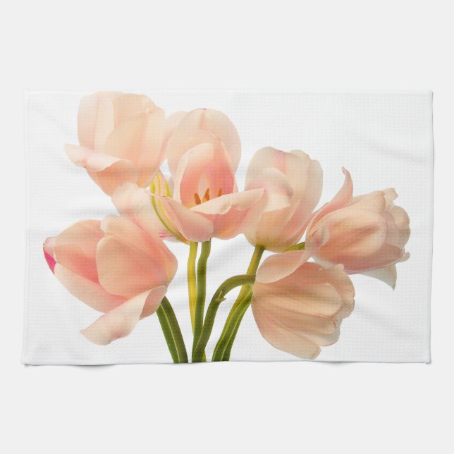 Pink Tulip Flower Peach Tulips White Floral Flower Tea Towel (Horizontal)