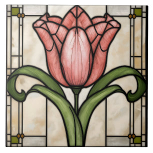 Pink Tulip Flower Stained Glass Art Ceramic Tile