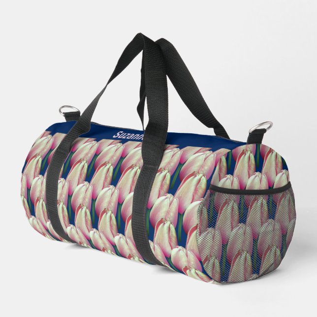 Pink Tulip Flowers Pattern Personalised  Duffle Bag (Right Corner)