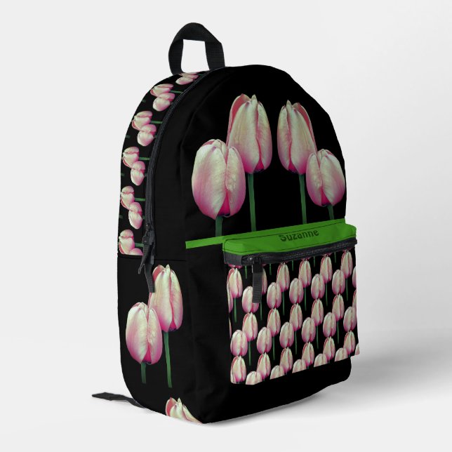 Pink Tulip Flowers Personalised Printed Backpack (Back Corner Left)