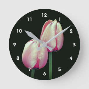 Pink Tulip Flowers Raindrop  Round Clock