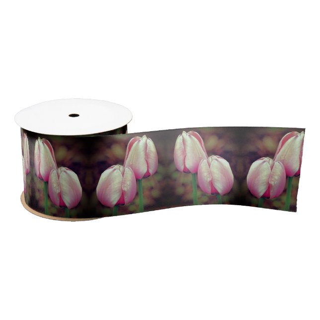Pink Tulip Flowers With Raindrops  Satin Ribbon (Spool)