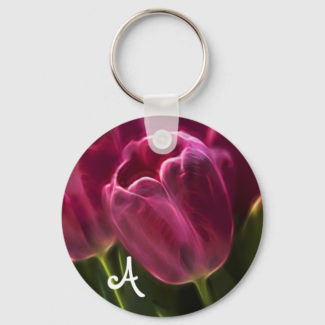 Pink Tulip Fractal with Monogram Key Ring (Front)