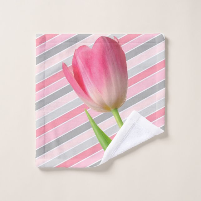 Pink Tulip Grey Stripe Bathroom Towel Sets (Wash Cloth)