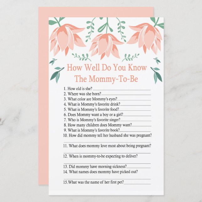 Pink Tulip How well do you know baby shower game (Front/Back)