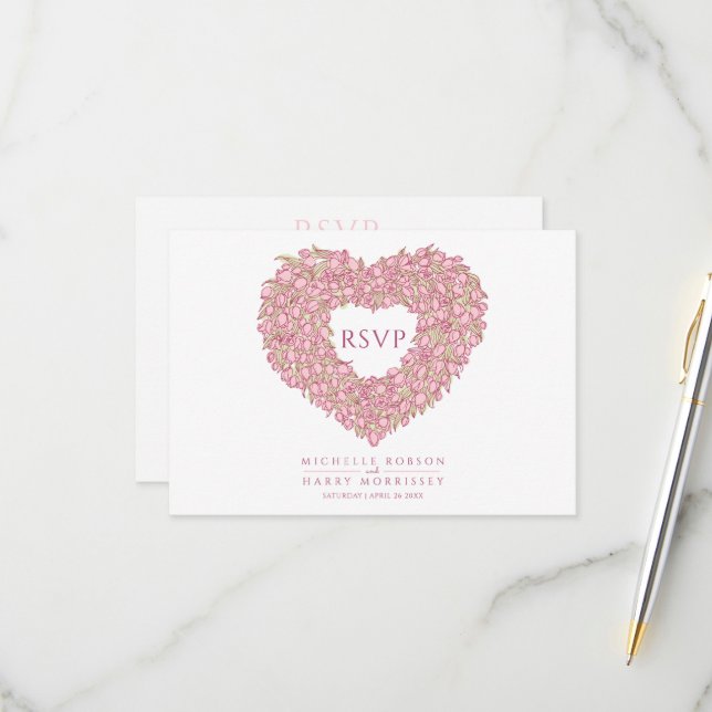 Pink tulip monogram meal option wedding event RSVP card (Front/Back In Situ)