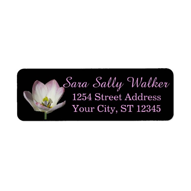 Pink Tulip on Black Return Address Label (Front)