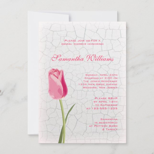 Pink Tulip on Crackle Paint Bridal Shower Invitation (Front)