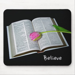 Pink Tulip On Open Bible Mouse Pad