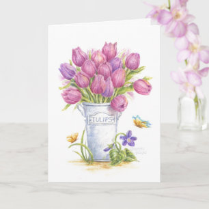 Pink Tulip Pail All Occasion Blank Greeting Card