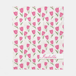 Pink tulip pattern personalised fleece blanket