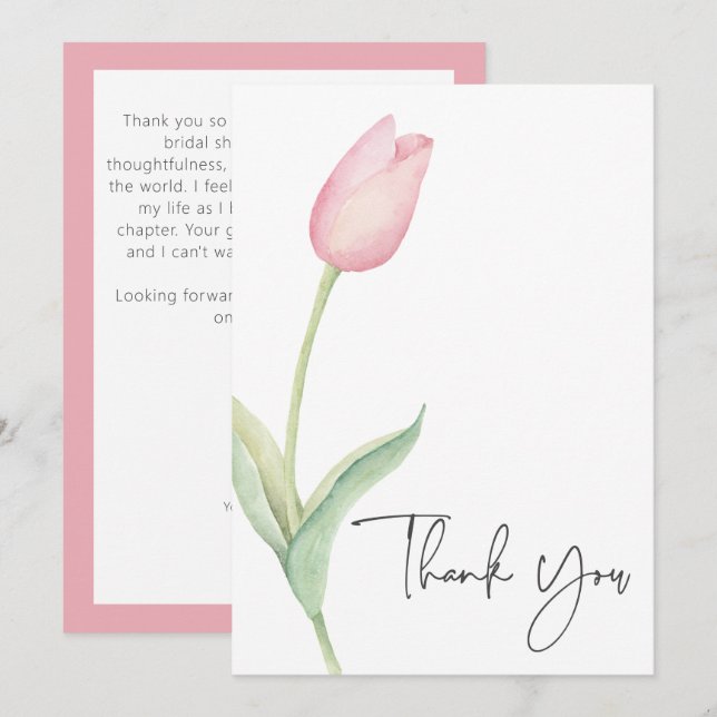 Pink Tulip Solo Bridal Shower Thank You Card (Front/Back)