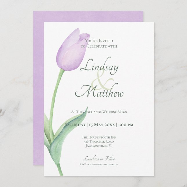 Pink Tulip Solo Purple Modern Invitation (Front/Back)