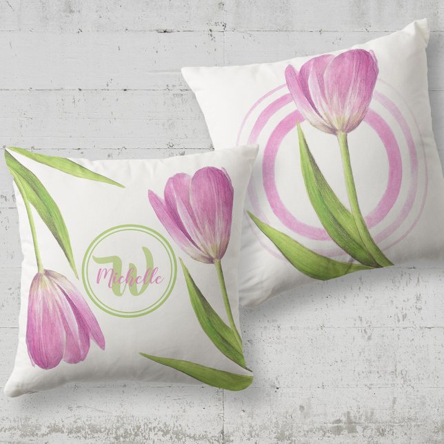 Pink Tulip Spring Elegant Flower Floral art Name Cushion (Creator Uploaded)