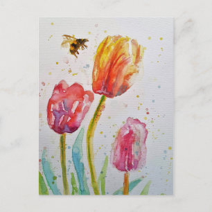 Pink Tulip Tulips Floral Watercolor art PostCard