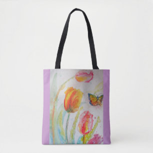Pink Tulip Tulips Floral Watercolor Tote Bag