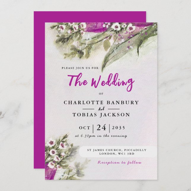Pink Tulip Watercolor Floral Wedding Invitation (Front/Back)