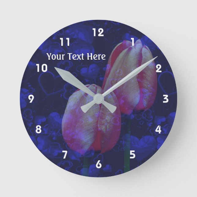 Pink Tulips And Blue Hearts Personalised Round Clock (Front)
