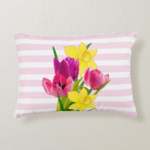  Pink Tulips and Daffodils Flower Accent Pillow