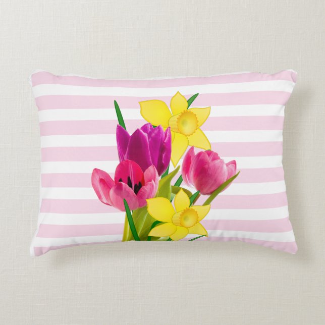  Pink Tulips and Daffodils Flower Accent Pillow (Front)