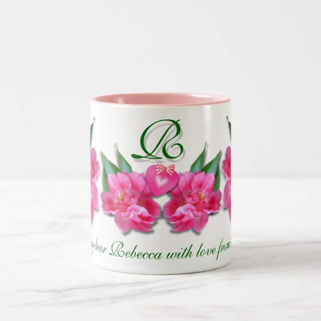 Pink Tulips and Heart Custom Text Two-Tone Coffee Mug (Center)