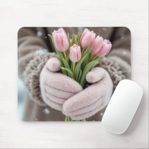 Pink Tulips and Snowflakes Mouse Pad