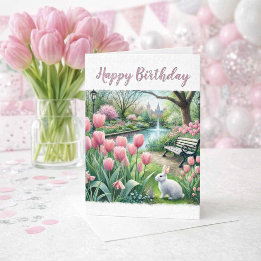 Pink Tulips at Park Happy Birthday Greeting  Card