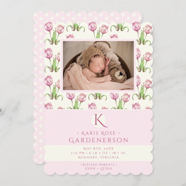 Pink Tulips Baby Girl  Announcement (Front/Back)