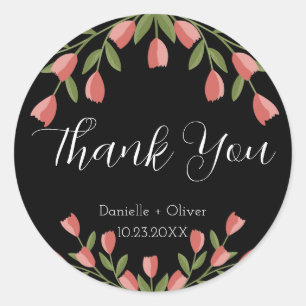 Pink Tulips Black Floral Wedding Thank You Classic Round Sticker