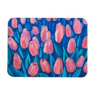 Pink Tulips Blue Field, Spring Flowers Floral Art  Magnet