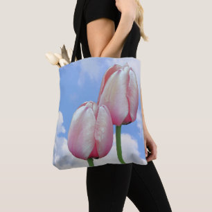 Pink Tulips Blue Sky And White Clouds Floral Tote Bag