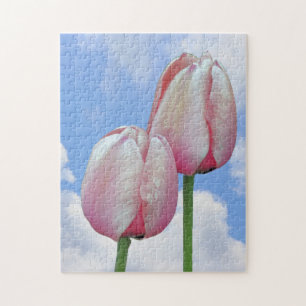 Pink Tulips Blue Sky And White Clouds  Jigsaw Puzzle