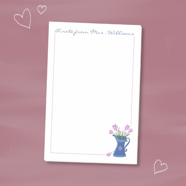 Pink Tulips Bouquet Teacher Post-It Notes (Pink tulips bouquet in a blue jug personalized sticky notes . )