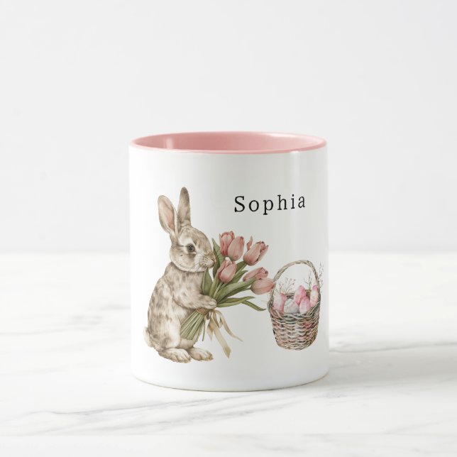 Pink Tulips Bunny Rabbit Easter Eggs Basket Mug (Center)