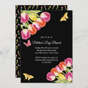 Pink Tulips & Butterfly Mother’s Day Brunch Black Invitation