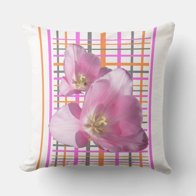 Pink Tulips Chequered Pattern Throw Pillow (Front)