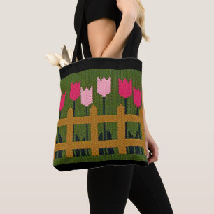 Pink Tulips Fence Green Artisan Crochet Print      Tote Bag