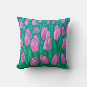Pink Tulips Field, Spring Flowers Floral Painting Cushion