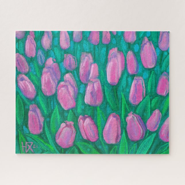 Pink Tulips Field, Spring Flowers Floral Painting  Jigsaw Puzzle (Horizontal)