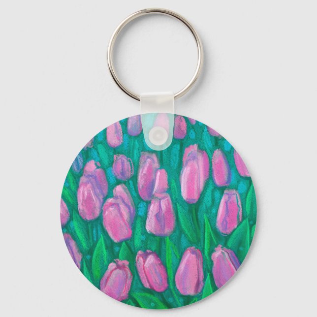 Pink Tulips Field, Spring Flowers Floral Painting  Key Ring (Front)