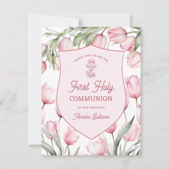 Pink Tulips First Holy Communion Invitation (Front)