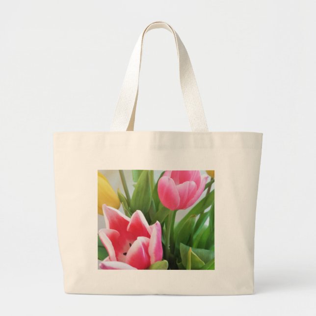 Pink Tulips, Floral Spring Bouquet, Flowers Large Tote Bag (Front)