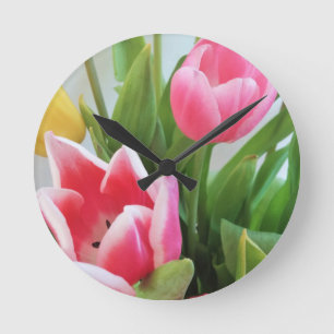 Pink Tulips, Floral Spring Bouquet, Flowers Round Clock